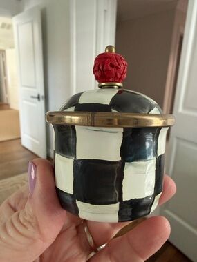MacKenzie-Childs Black and White Check Ceramic Jar with Red Finial and Gold Trim